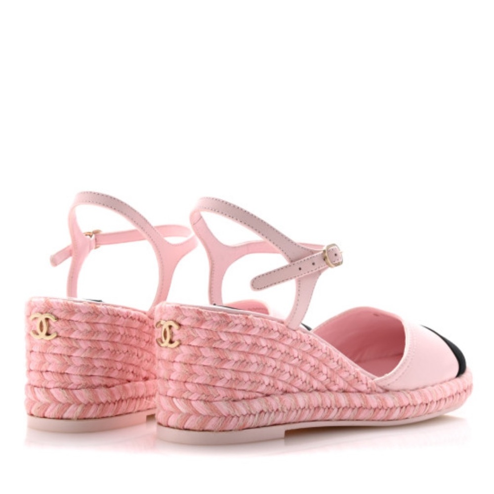 CHANEL 
Lambskin Grosgrain CC Espadrilles Wedges 38 Pink Black - Picture 5 of 8